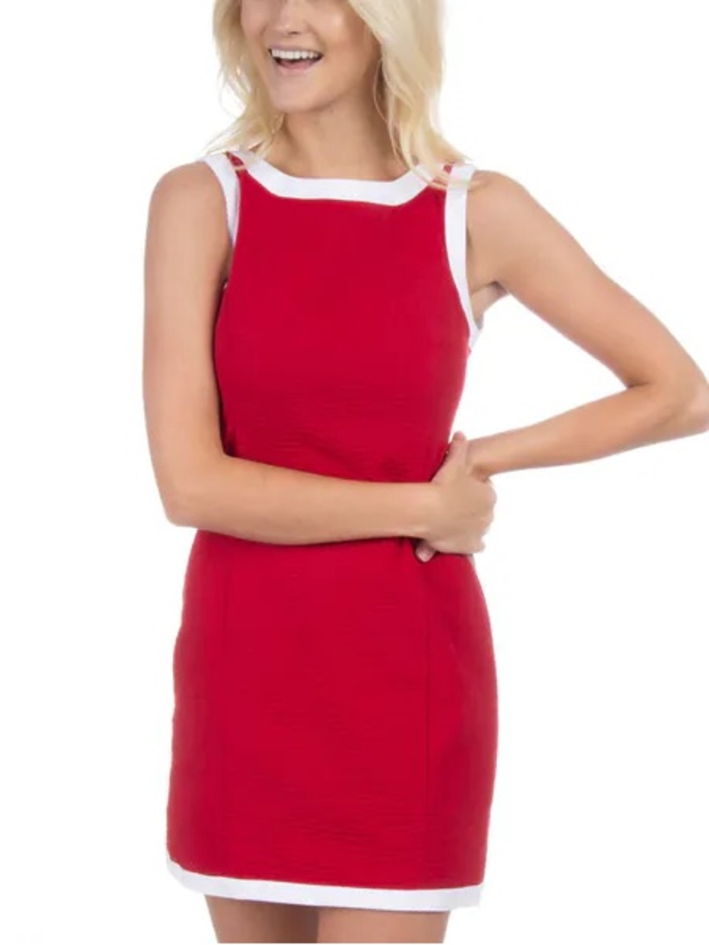 Red Sleeveless Shift Dress with White Trim